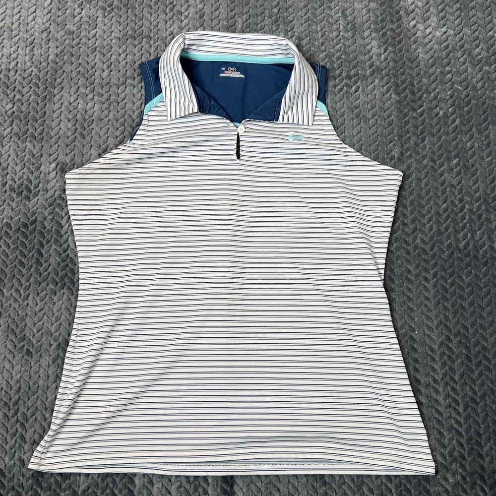 Under Armour Women's Polo White Blue Striped Golf Shirt Size Large